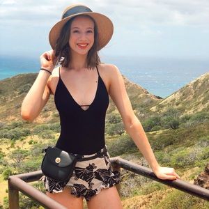 Free People tan & black bohemian ruffle shorts